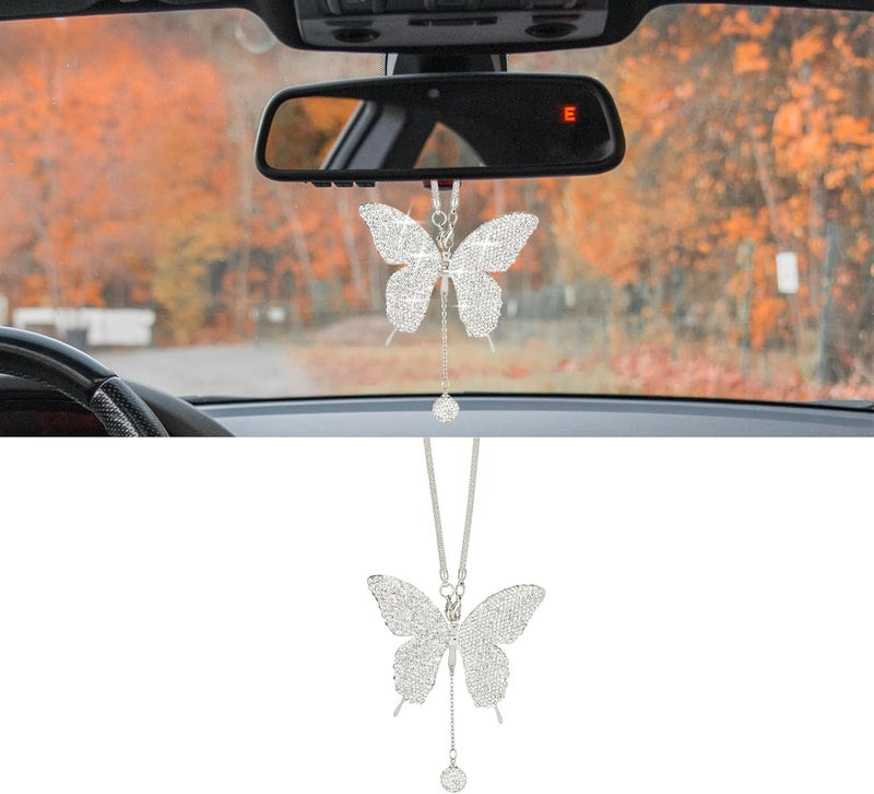 Couslcd Bling Butterfly Diamond Car Accessories, Crystal Car Rear View Mirror Charms for Women, Car Decoration Lucky Hanging Interior Crystal Ornament Pendant Decor for All Cars (White) - Image 1
